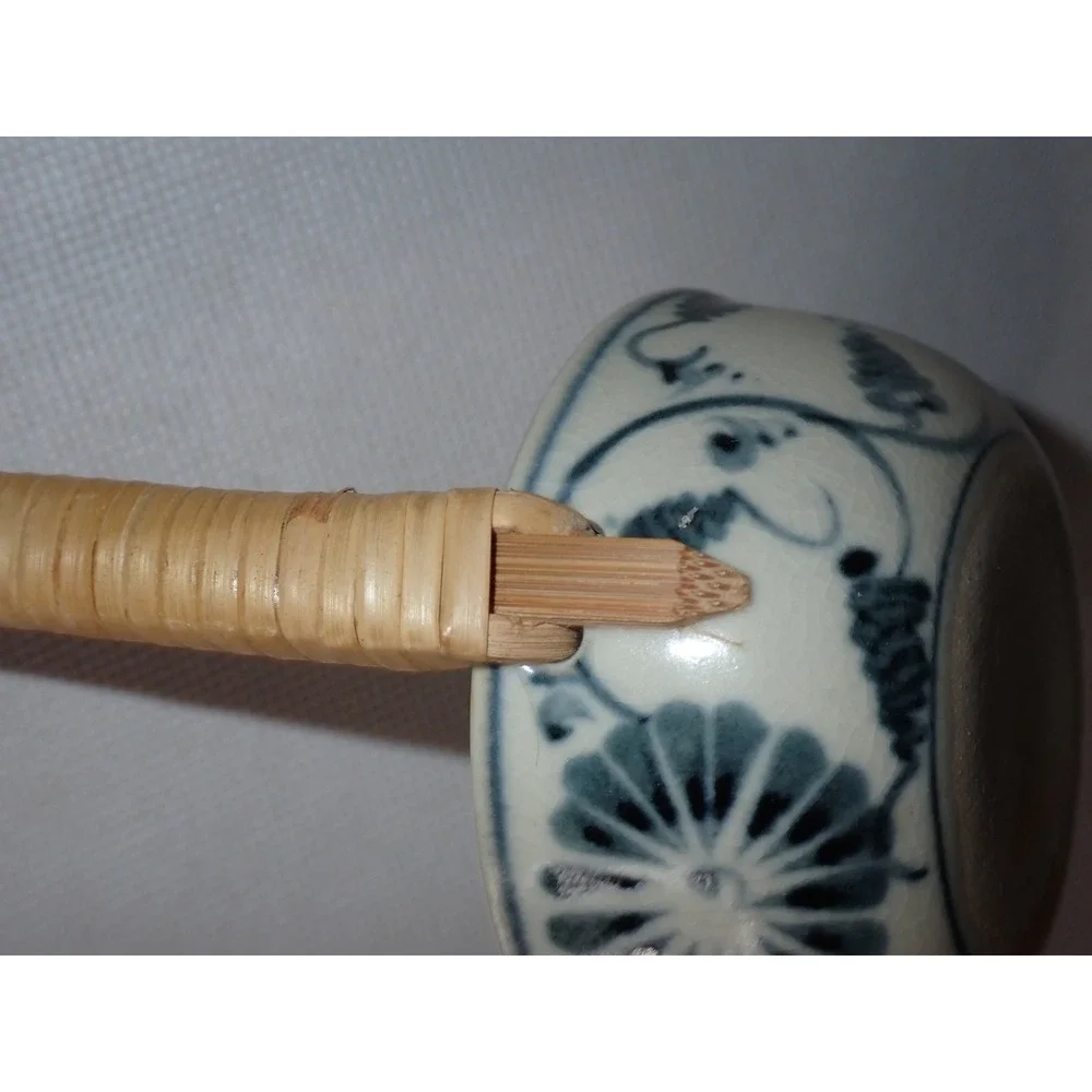 Vintage Blue and White Ceramic Water Ladle with Bamboo Handle